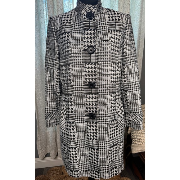 Alex‎ Marie Black White Houndstooth Plaid Longline Coat Size 10 Lined High Neck - Picture 1 of 9